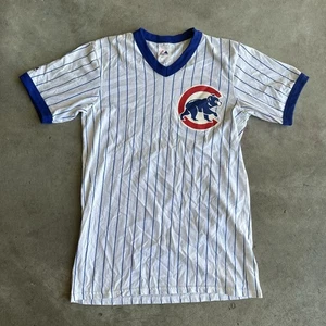Vintage Majestic Mens Size M Chicago Cubs Pin Stripe Ringer Jersey Made In USA - Picture 1 of 5