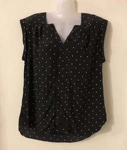 DAVID LAWRENCE Pure Silk Black Polka Dot Top Size 14 L Roll Back Cuff V-neck - Picture 1 of 14
