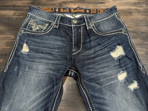 Men's ROCK REVIVAL Rhays Bootcut Jeans Pants Embellished Distressed Size 34 x 32 - Picture 1 of 16