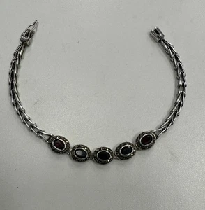 Vintage Sterling Silber 925 Markasit Rubin rot Gliederplatte V Armband 12,4 g - Bild 1 von 7