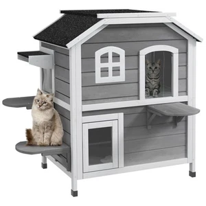 Wooden 2-Story Indoor or Outdoor Cat House with Escape Door, Cat Shelter, Grey - Picture 1 of 11