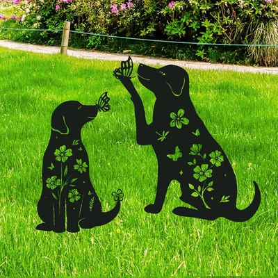 Dog Garden Decor Yard Art for Outside, 2PCS Metal Puppy Decorative Garden Stakes - Image 1 of 4