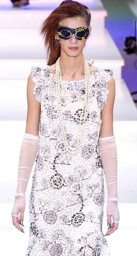 Abito vintage CHANEL seta 38 FR bianco nero primavera 2001 floreale US 6 ricamato