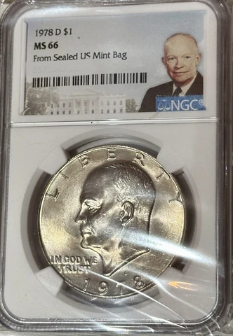 1978-D NGC Graded MS 66 Eisenhower Dollar Near Top Pop Mint Bag Pedigree Cover