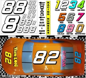 WEISS (#8er) Rennnummern Aufkleber Stickerbogen 1/8 -1/10 -1/12 RC Monster-Ford - Bild 1 von 7