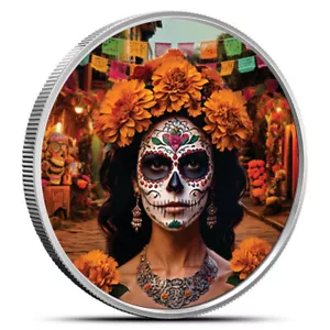 1 oz Silbermedaille coloriert Dia de los Muertos ~ Stempelglanz in Kapsel - Bild 1 von 5