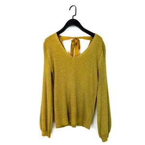 M&S Per Una Gold Sparkle Ribbed Fine Knit V-Neck Tie Back Thin Jumper - Size 14 - Picture 1 of 21