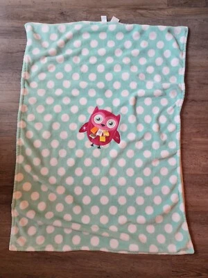 Taggies Pink OWL Baby Blanket Soft plush Lovey Teal Green White Polka Dot Euc - Image 1 of 4