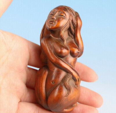 Chinese Boxwood Handmade Mermaid Statue Netsuke Collectable Hand Piece • 24.22$