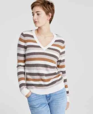 Charter Club 100% Cashmere Heather Camel  Striped V-Neck Pullover Sweater XL - Image 1 of 4