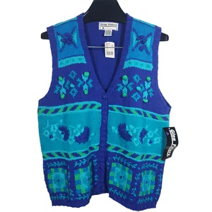 VTG 90s Floral Knit Cardigan Sweater Vest Womens XL Blue Green NWT Gina Peters - Picture 1 of 5