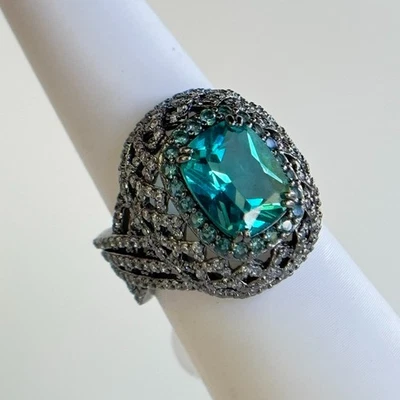 Anillo Sirenas Fiesta Bomba "Profundidades Iluminadas por la Luna" RG72589 Paraiba Turmalina Hematita Talla 7 Foto 1 de 4