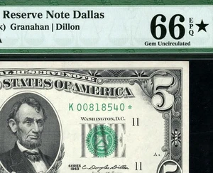 1963* $5 Dallas STAR Federal Reserve Note FRN • 1967-K* • PMG 66* EPQ - Picture 1 of 3