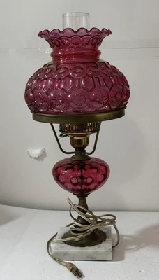 Fenton VTG Cranberry Coin Dot &  Marble Lamp Base w/ Moon and Stars Shade - Image 1 of 4