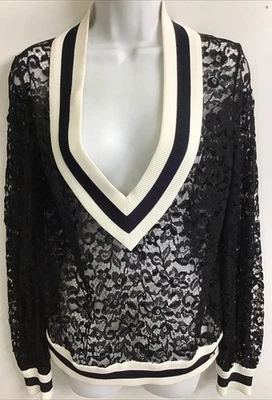 Chanel Top Negro Transparente Encaje Acanalado Cuello en V Rayas Tejido Ribete Talla 40/2017 Foto 1 de 4