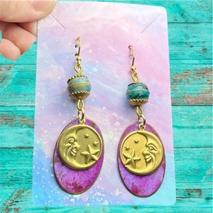 New Moon Stars Earrings Celestial Purple Oval Gold Hooks NWT Boho VTG - Bild 1 von 2