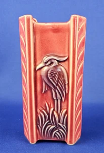 6 inch Vintage Ceramic WALL POCKET VASE Embossed Purple Herron Red Pink Glaze - Picture 1 of 8