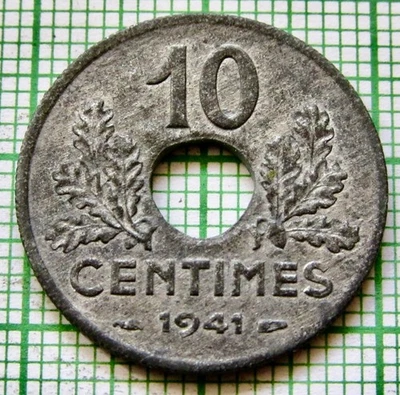 FRANCE VICHY FRENCH STATE 1941 10 CENTIMES, WWII COINAGE, ZINC UNC km# 898 - Image 1 of 4