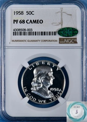 1958 Franklin Half Dollar NGC PF 68  CAMEO  w/CAC - Frosted Beauty!!! - Image 1 of 4