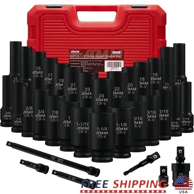 35PCS 1/2 Impact Socket Set Deep Metric SAE Extensions Adapter Toolbox New - Image 1 of 4