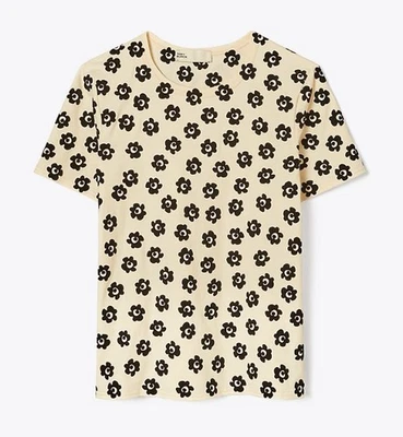 Tory Burch Flocked Flower Stencil T-Shirt Size Medium French Cream Black Velvet - Image 1 of 4