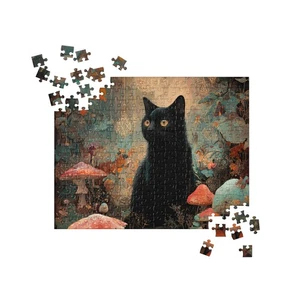 Gothic Schwarze Katze Puzzle Witchy Pagan Mushroom Forest Halloween Puzzle - Bild 1 von 7