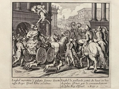 Isebel Jehu Sturz Palast Tod Kupferstich n. Merian Mariette Bibel Antik um 1700 - Bild 1 von 4