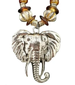 Elephant Pendant Necklace Beaded Silver Tone Chain 35 " Length Chunky Safari Fun - Picture 1 of 7