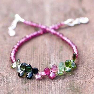 Natural Garnet and Tourmaline Bracelet Solid 14K White Gold , January Birthstone - Image 1 of 4