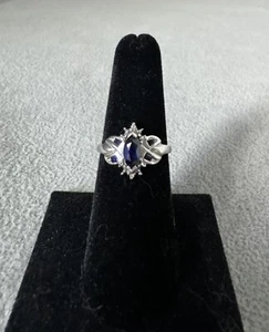 0.90ctw Marquise Lab Created Blue Sapphire 10k White Gold Size 7 Ring - Picture 1 of 5