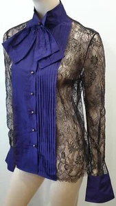EMILIO PUCCI Purple & Black Lace Fold Down Collar Bow Neckline Blouse Shirt Top - Picture 1 of 12