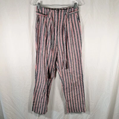 Pantalones Topshop Para Mujer 6 Gris Rojo Rayas Mezcla de Lino Botón Cremallera Corbata tiro Alto Foto 1 de 4