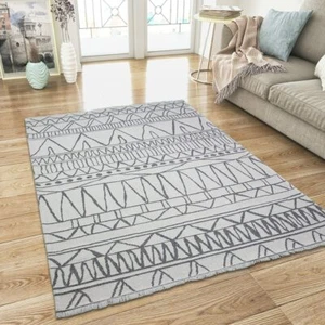 Cotton Rugs Washable Cream Grey with Tassels Bedroom Moroccan Berber Pattern - Picture 1 of 44