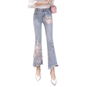 Women Sweet Flower Jeans Female Harajuku Style Beaded Lace Jeans Pants - Picture 1 of 8