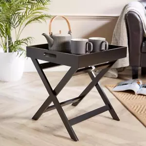 Folding Butlers Side Table Portable Wooden Food Serving Tray Drink Dinner Black - Picture 1 of 6