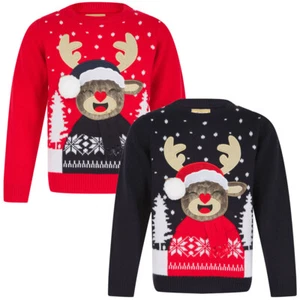 Girl's Novelty Christmas Jumper Reindeer Knitted Xmas Sweater Top 3D Pom Pom Fur - Picture 1 of 7