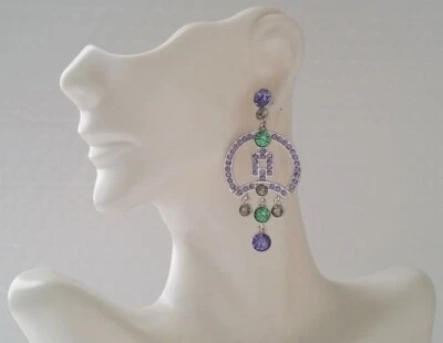 Signed GIVENCHY Silver Tone Purple & Green Crystal Art Deco Style Post Earrings - Image 1 of 4