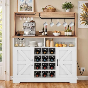 47" Farmhouse Coffee Bar Storage Shelves Cabinet Sliding Doors Wine Racks Home - Picture 1 of 7