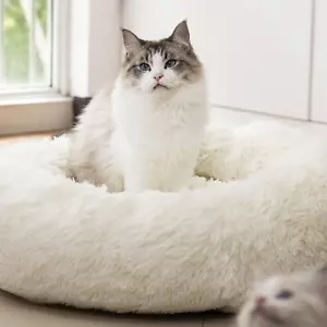 Anti Anxiety Round Fluffy Plush Faux Fur Washable Dog & Cat Bed-27" White-New - Picture 1 of 3