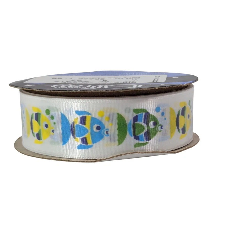 Fish Woven Ribbon Offray 7/8-in x 8-Ft Retro Scrapbooking Craft Blue Yellow Gift - Image 1 of 2