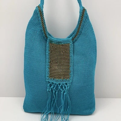 Cartera de hombro CROCHETED tejida bronce metal solapa sobre flecos bolso de noche verde azulado Foto 1 de 4
