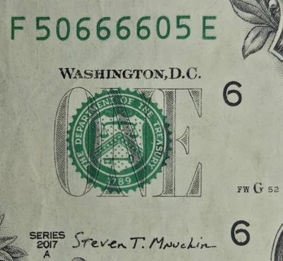 Centered Quad Radar Fancy Serial Number F50666605E 2017A 1$ One Dollar Bill - Image 1 of 3
