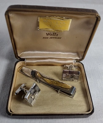 Juego de gemelos y clips de corbata de plata de ley de joyería fina Wells vintage para hombre Foto 1 de 4
