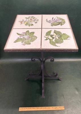 Vintage  WROUGHT IRON Side / Plant TABLE W/TILE TOP, FLORAL TILES 12.75” X 19.5” - Image 1 of 4