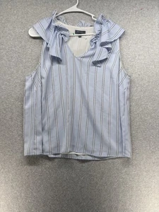 Madison Womens Top Size 1X Blue Short Sleeves V-Neck Striped Polyester Ruffle - Picture 1 of 8