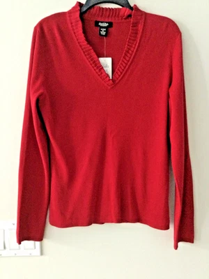 Suéter Pullover Peck & Peck Mujer XL Rojo con Volantes Cuello en V Algodón Blnd Vacaciones NUEVO Foto 1 de 4