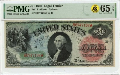 Billete de curso legal de $1 de 1869 FR#18 PMG GEMA 65 EPQ GCC oro arco iris Foto 1 de 2