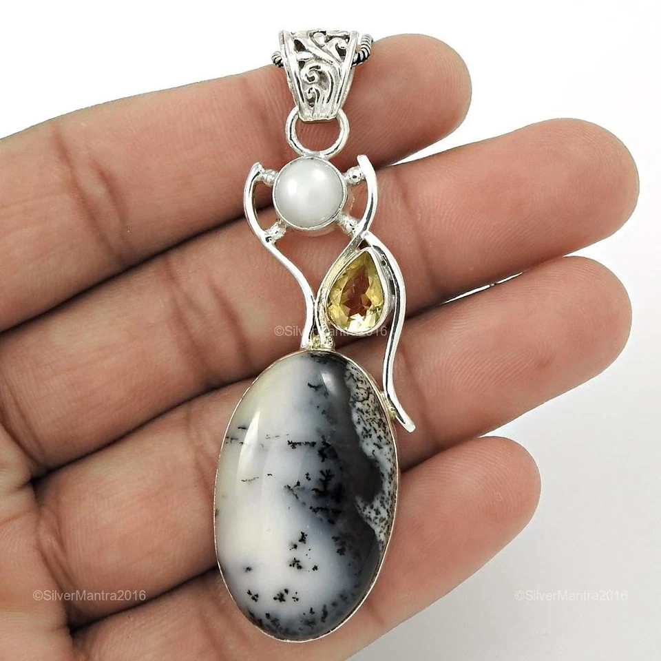 Dendritisch Opal Weihnachtsgeschenk Lünette Anhänger Schmuck Echt 925 Silber - Bild 1 von 4