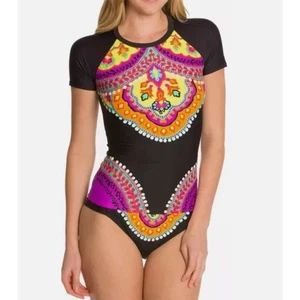 Trina Turk Nuevo Sol Rashguard & Hipster Bikini Bottom Sz 6 Small Medallion EUC - Picture 1 of 16