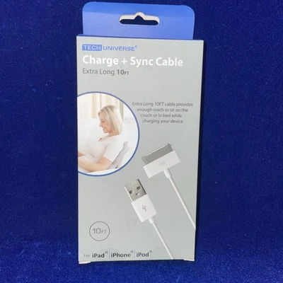 New Tech Universe Extra Long White 10 FT Charge + Sync Cable iPad iPhone iPod - Image 1 of 4